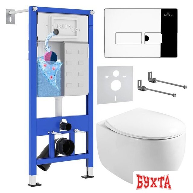 Унитаз подвесной Roxen Egg в комплекте с инсталляцией StounFix Dual Fresh 6 в 1 964205 (кнопка: хром глянец)