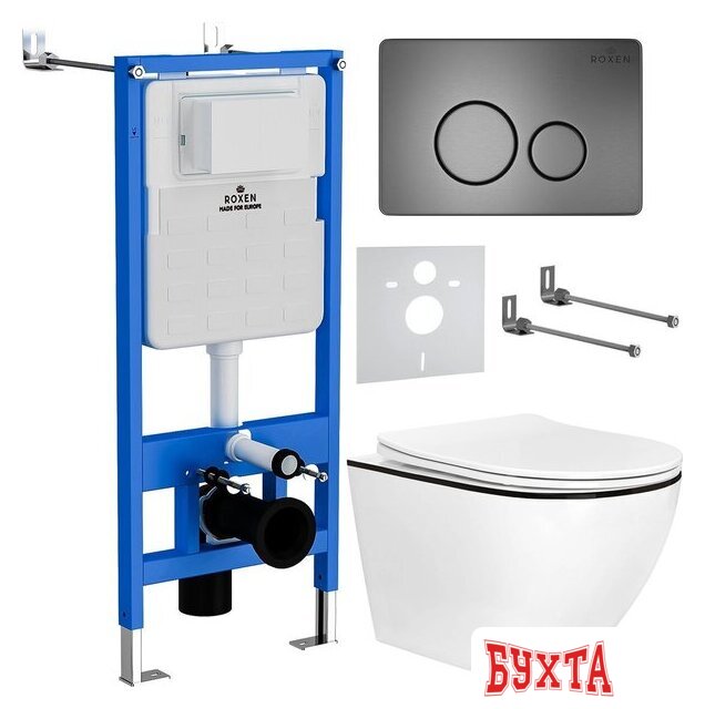 Унитаз подвесной Roxen Antares Black в комплекте с инсталляцией StounFix Dual Fresh 6 в 1 964894 (кнопка: оружейная сталь) 1