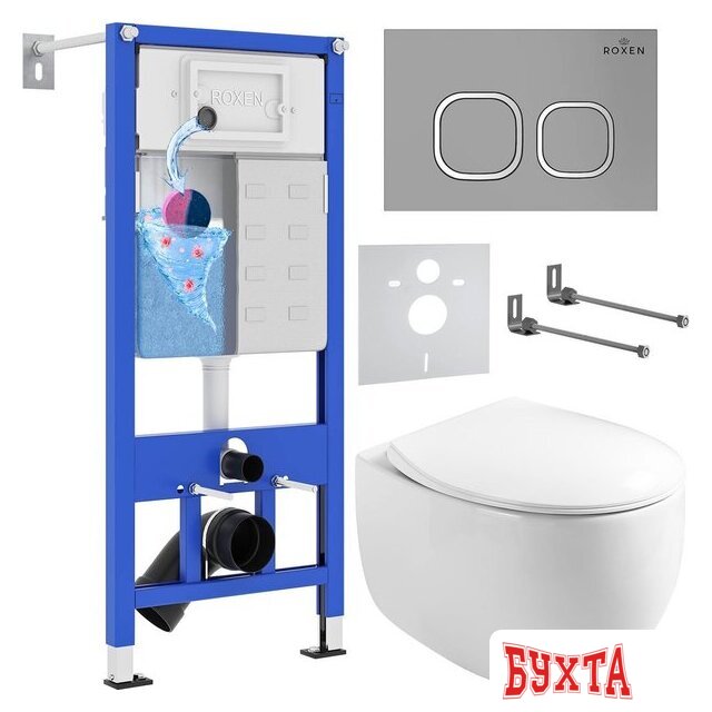Унитаз подвесной Roxen Egg в комплекте с инсталляцией StounFix Dual Fresh 6 в 1 964123 (кнопка: хром матовый)