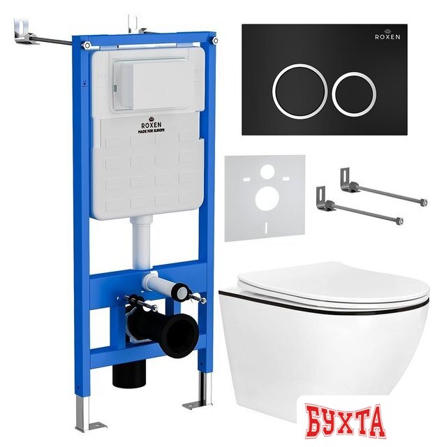 Унитаз подвесной Roxen Antares Black в комплекте с инсталляцией StounFix Dual Fresh 6 в 1 964643 (кнопка: черный матовый)