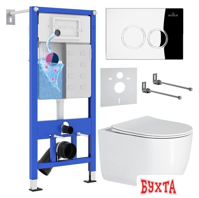 Унитаз подвесной Roxen Vortex Tornado в комплекте с инсталляцией StounFix Dual Fresh 6 в 1 964332 (кнопка: хром глянец)