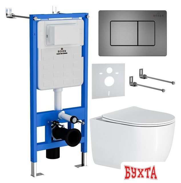 Унитаз подвесной Roxen Vortex Tornado в комплекте с инсталляцией StounFix Dual Fresh 6 в 1 964579 (кнопка: оружейная сталь)