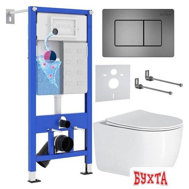 Унитаз подвесной Roxen Vortex Tornado в комплекте с инсталляцией StounFix Dual Fresh 6 в 1 964579 (кнопка: оружейная сталь) 2