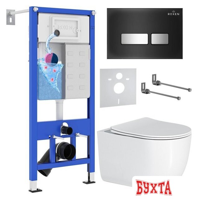 Унитаз подвесной Roxen Vortex Tornado в комплекте с инсталляцией StounFix Dual Fresh 6 в 1 964615 (кнопка: черное стекло)