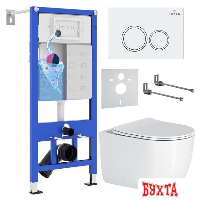 Унитаз подвесной Roxen Vortex Tornado в комплекте с инсталляцией StounFix Dual Fresh 6 в 1 964275 (кнопка: белый глянец)