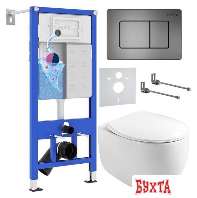 Унитаз подвесной Roxen Egg в комплекте с инсталляцией StounFix Dual Fresh 6 в 1 964215 (кнопка: оружейная сталь)