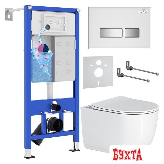 Унитаз подвесной Roxen Vortex Tornado в комплекте с инсталляцией StounFix Dual Fresh 6 в 1 964605 (кнопка: белое стекло)