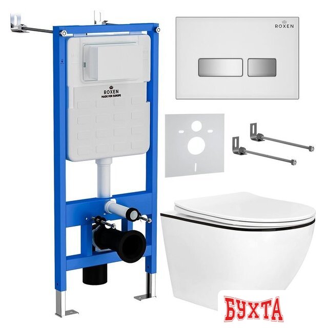 Унитаз подвесной Roxen Antares Black в комплекте с инсталляцией StounFix Dual Fresh 6 в 1 964909 (кнопка: белое стекло) 1