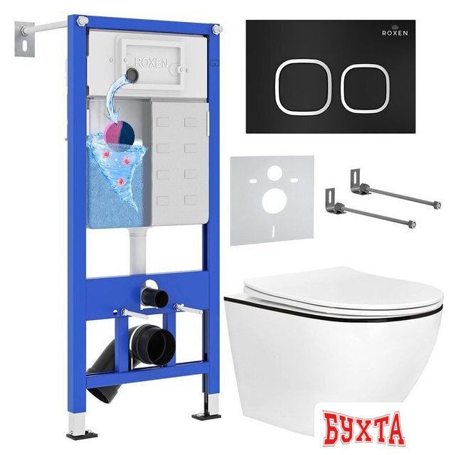 Унитаз подвесной Roxen Antares Black в комплекте с инсталляцией StounFix Dual Fresh 6 в 1 964681 (кнопка: черный матовый)