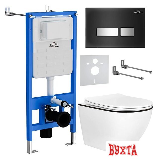 Унитаз подвесной Roxen Antares Black в комплекте с инсталляцией StounFix Dual Fresh 6 в 1 964974 (кнопка: черное стекло) 1