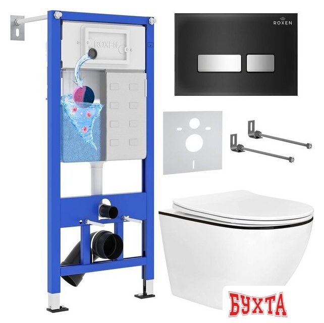 Унитаз подвесной Roxen Antares Black в комплекте с инсталляцией StounFix Dual Fresh 6 в 1 964974 (кнопка: черное стекло) 2