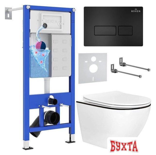 Унитаз подвесной Roxen Antares Black в комплекте с инсталляцией StounFix Dual Fresh 6 в 1 964755 (кнопка: черный матовый)
