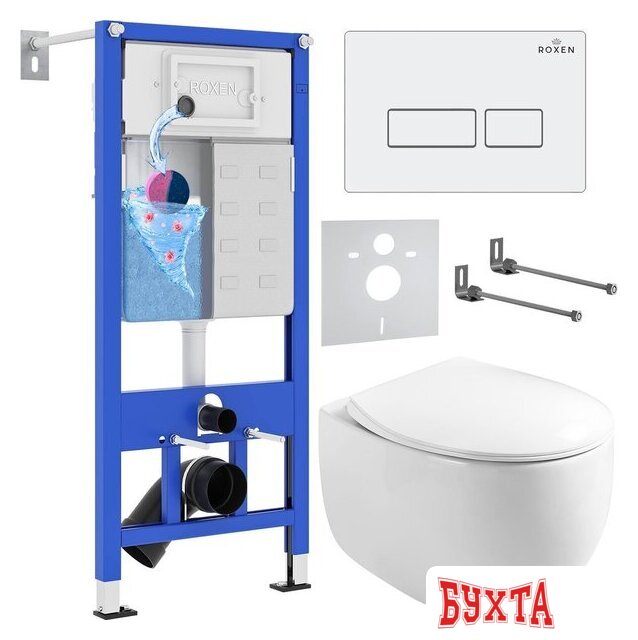 Унитаз подвесной Roxen Egg в комплекте с инсталляцией StounFix Dual Fresh 6 в 1 964170 (кнопка: белый глянец)