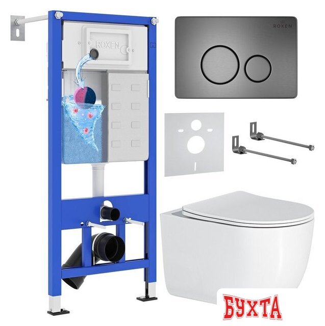 Унитаз подвесной Roxen Vortex Tornado в комплекте с инсталляцией StounFix Dual Fresh 6 в 1 964590 (кнопка: оружейная сталь)
