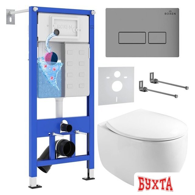 Унитаз подвесной Roxen Egg в комплекте с инсталляцией StounFix Dual Fresh 6 в 1 964210 (кнопка: хром матовый)