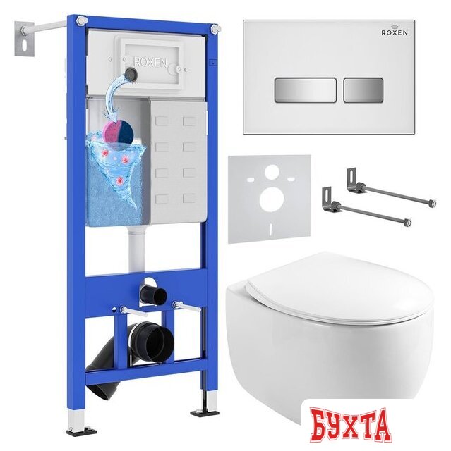 Унитаз подвесной Roxen Egg в комплекте с инсталляцией StounFix Dual Fresh 6 в 1 964245 (кнопка: белое стекло)