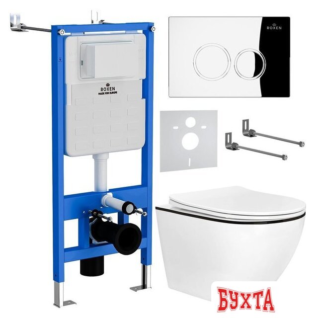 Унитаз подвесной Roxen Antares Black в комплекте с инсталляцией StounFix Dual Fresh 6 в 1 964658 (кнопка: хром глянец)