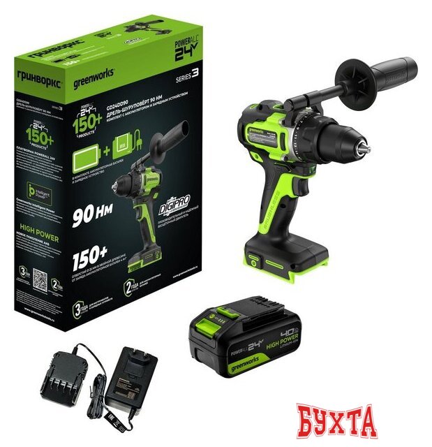 Дрель-шуруповерт Greenworks GD24DD90 3707507CUB (с 1-им АКБ) 3