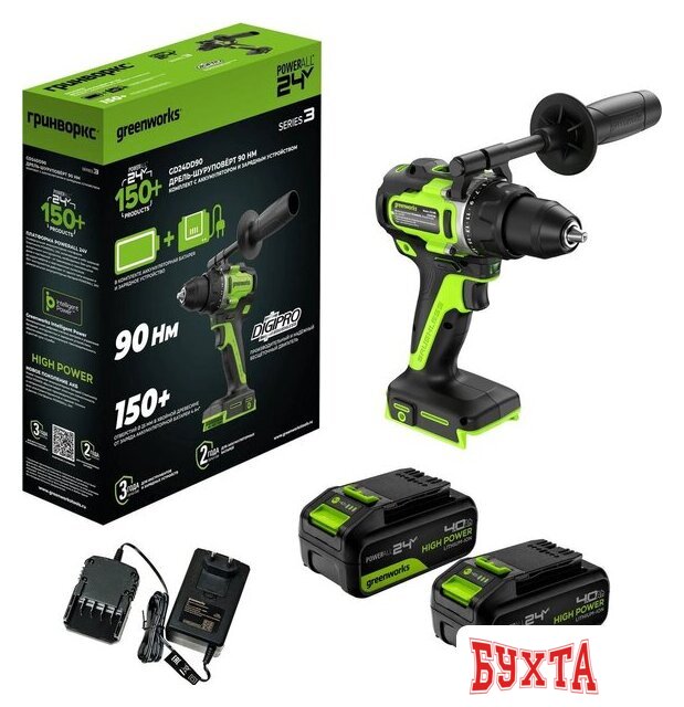 Дрель-шуруповерт Greenworks GD24DD90 3707507CUD (с 2-мя АКБ) 2