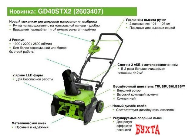 Снегоуборщик Greenworks GD40STX2 2603407UG (с 1-им АКБ) 2