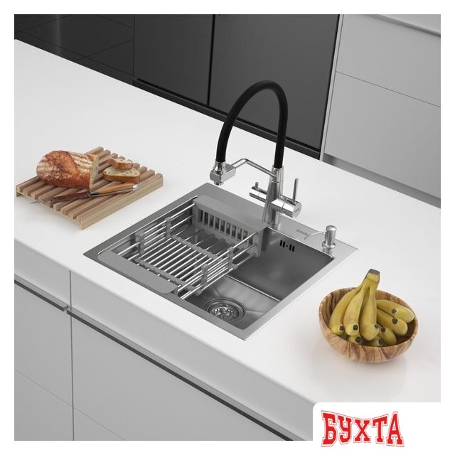 Кухонная мойка ARFEKA ECO AR мойка 500*500, коландер, дозатор SATIN DECOR VOLCANIC ROCK