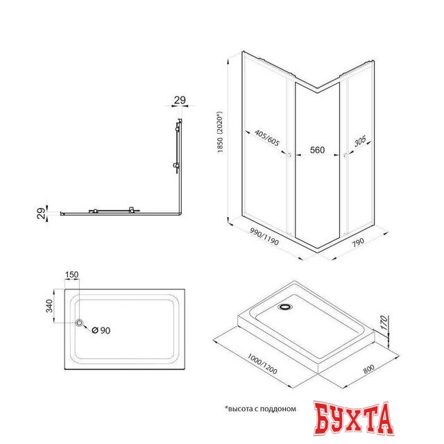 Душевой уголок Triton Вента Хром А1 120х80 без поддона (прозрачное стекло) 2