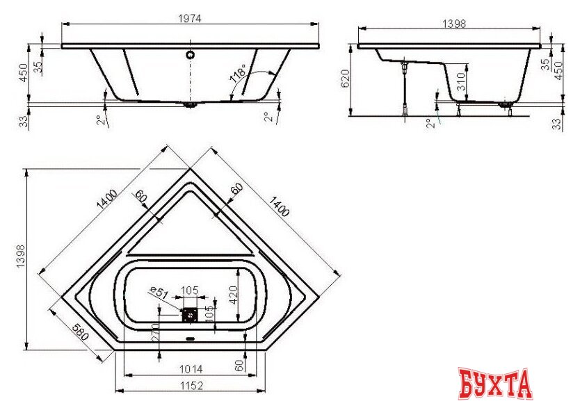 Ванна VagnerPlast Cavallo Corner 140x140 4