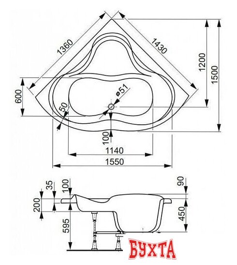 Ванна VagnerPlast Iris 143x143 (с каркасом и экраном) 2