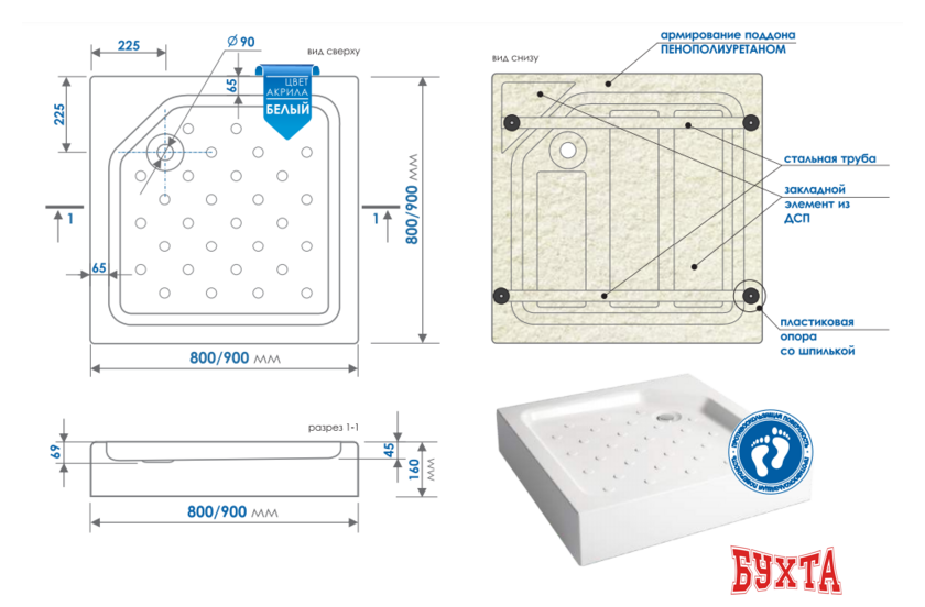 Душевой поддон Метакам Universal N 90x90 АПS_011738 (квадратный) 4