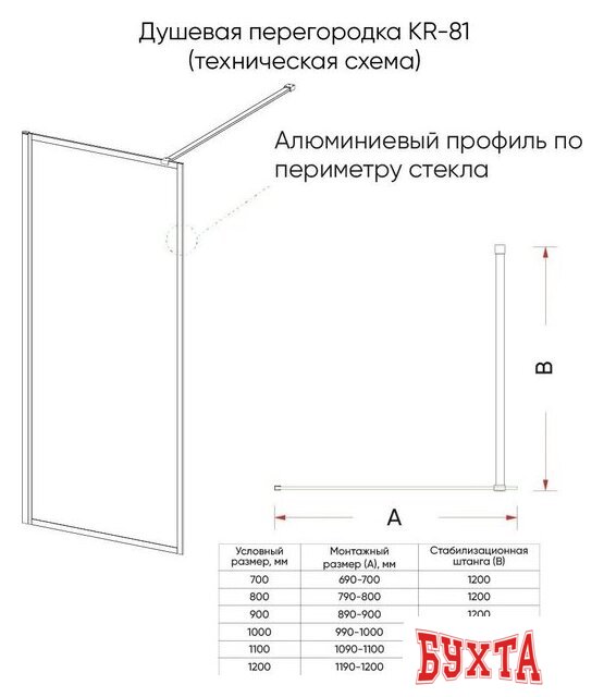 Душевая стенка Veconi 110x200 KR81B-110-01-C8 (стекло прозрачное/черный) 5