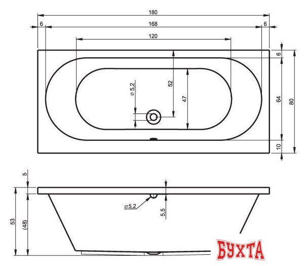 Ванна Riho Carolina 180x80 (без ножек) 2