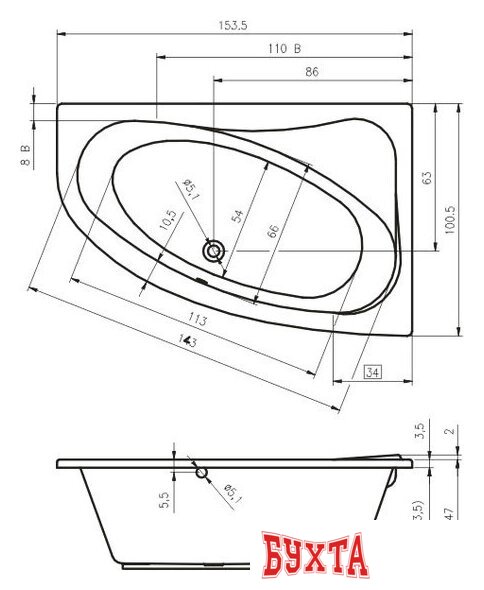 Ванна Riho Lyra 153x100L BA6800500000000 (без ножек) 2
