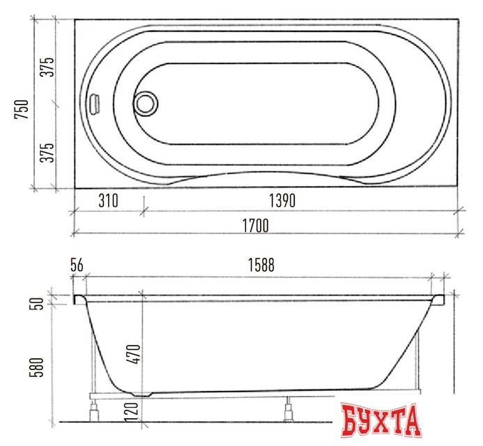 Ванна Eurolux Oliva 170x75 4