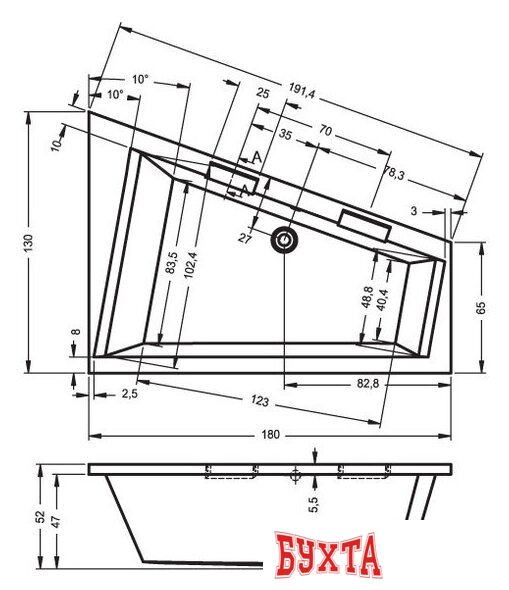 Ванна Riho Doppio 180x130L BA9100500000000 (без ножек) 3