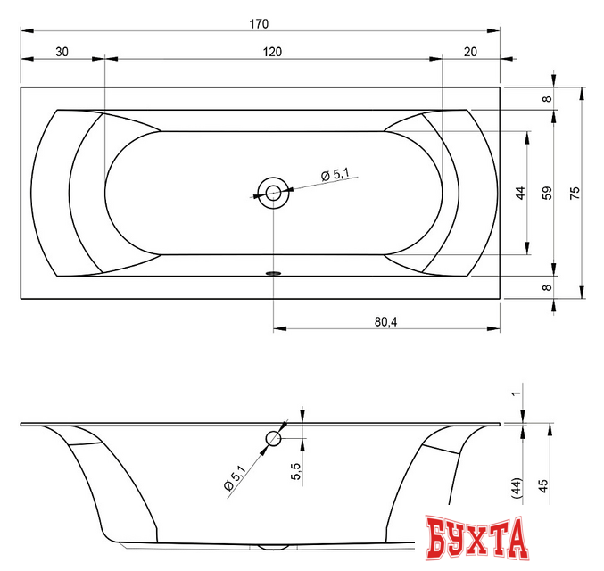 Ванна Riho Linares Velvet 170x75 (без ножек) 2