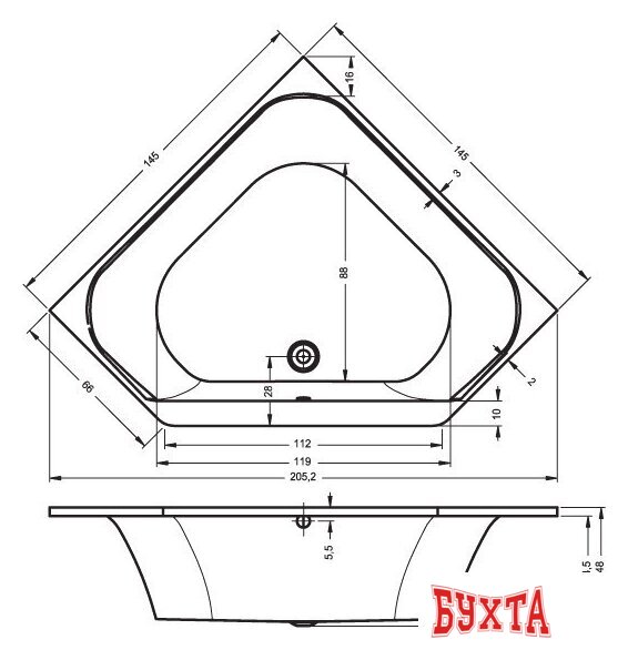 Ванна Riho Austin 145x145 (с ножками) 2