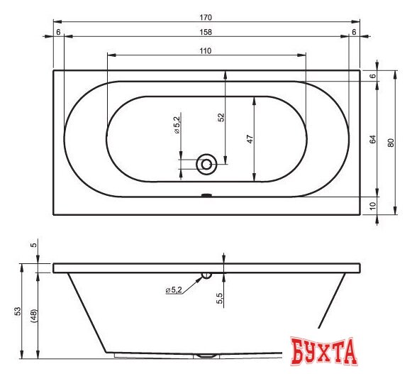 Ванна Riho Carolina 170x80 (без ножек) 2