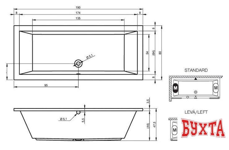 Ванна Riho Lusso 190x80 (с ножками) 2