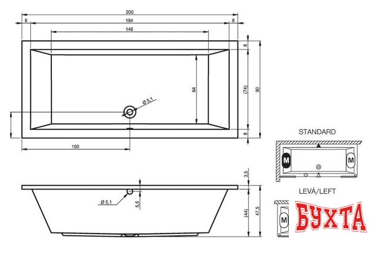 Ванна Riho Lusso 200x90 (с ножками) 2
