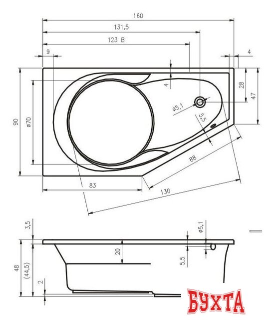 Ванна Riho Yukon 160x90R BA3400500000000 (без ножек) 2