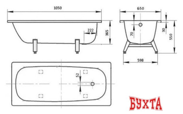 Ванна Виз Antika 105x65 А-10901 (белая орхидея, с опорной подставкой без ранта) 5