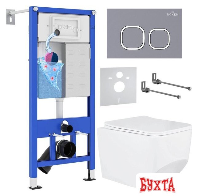 Унитаз подвесной Roxen Boro в комплекте с инсталляцией StounFix Dual Fresh 6 в 1 966418 (кнопка: серый бетон)