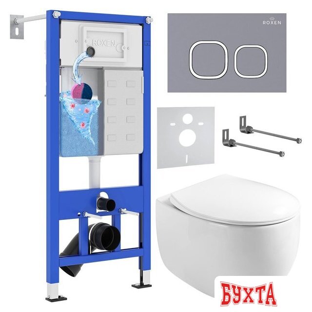 Унитаз подвесной Roxen Egg в комплекте с инсталляцией StounFix Dual Fresh 6 в 1 966436 (кнопка: серый бетон)