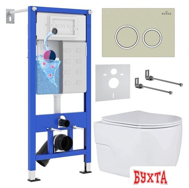Унитаз подвесной Roxen Porto в комплекте с инсталляцией StounFix Dual Fresh 6 в 1 966219 (кнопка: бежевый)