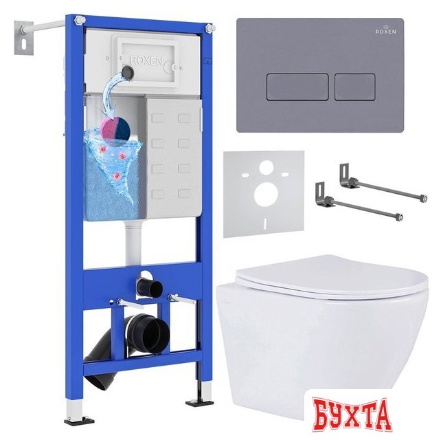 Унитаз подвесной Roxen Antares 530185-01 в комплекте с инсталляцией StounFix Dual Fresh 6 в 1 966771 (кнопка: серый гранит)