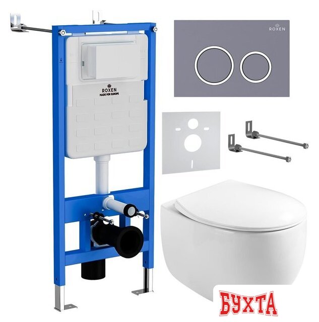 Унитаз подвесной Roxen Egg в комплекте с инсталляцией StounFix Dual Fresh 6 в 1 966160 (кнопка: серый бетон)