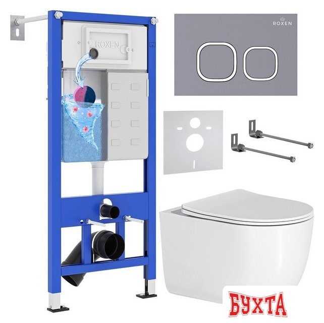 Унитаз подвесной Roxen Vortex в комплекте с инсталляцией StounFix Dual Fresh 6 в 1 966439 (кнопка: серый бетон)
