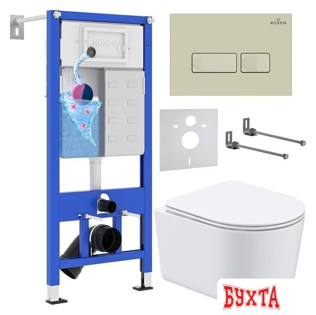Унитаз подвесной Roxen Simple Compact в комплекте с инсталляцией StounFix Dual Fresh 6 в 1 966686 (кнопка: бежевый) 1