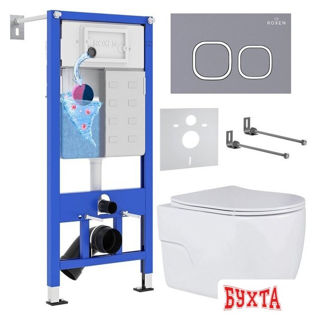 Унитаз подвесной Roxen Porto в комплекте с инсталляцией StounFix Dual Fresh 6 в 1 966397 (кнопка: серый бетон) 1