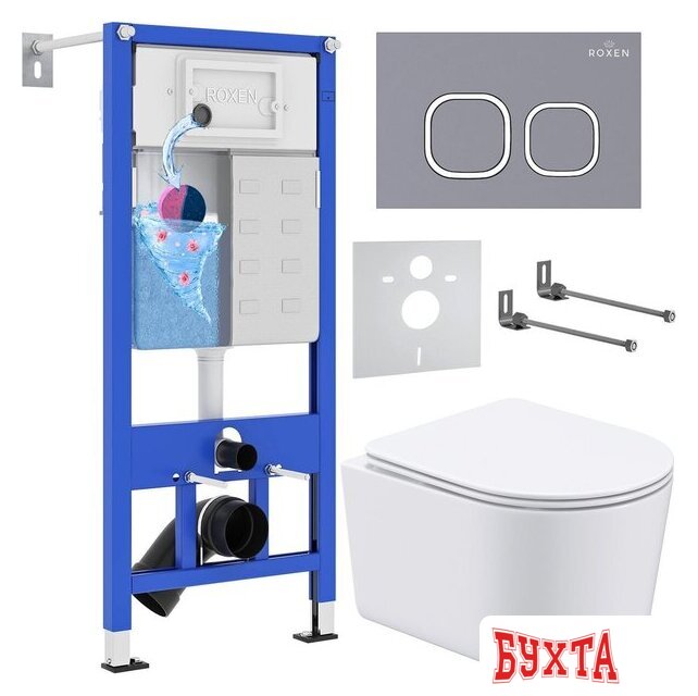 Унитаз подвесной Roxen Simple Compact в комплекте с инсталляцией StounFix Dual Fresh 6 в 1 966428 (кнопка: серый бетон)